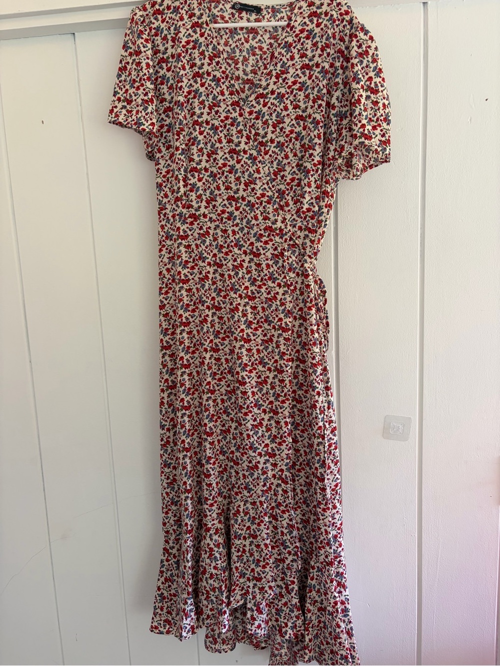 Floral Wrap Maxi Dress Slit - Cream/Red/Blue/ touch of light pink and green - Picture 3 of 9